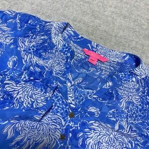 Lilly Pulitzer Top Womens Small Blue Elsa Silk Floral Blouse Flowy Fairy Gold